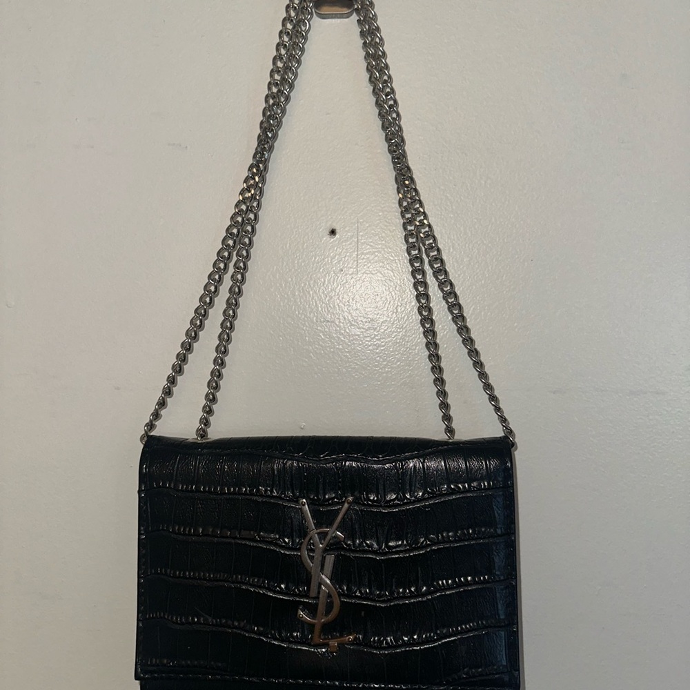Black Croc-Embossed Chain Bag